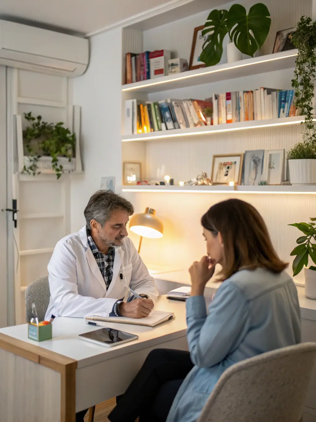 A friendly healthcare professional consulting with a patient in a modern clinic setting, discussing primary care options.