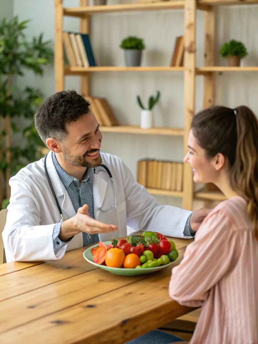 A patient engaging in a nutrition consultation with a healthcare professional in a bright, welcoming office, focusing on metabolic health.
