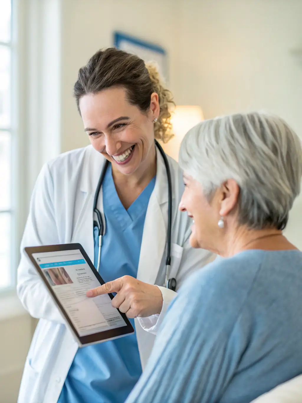 A healthcare provider discussing health screening results with a patient using digital tools, emphasizing preventive medicine.